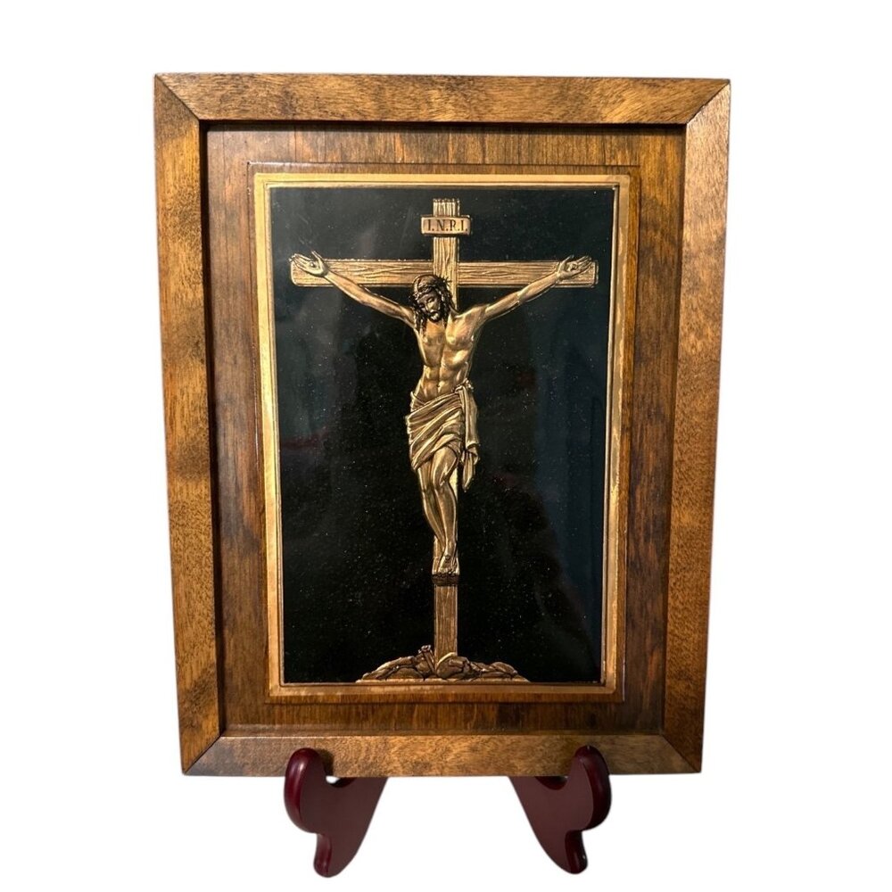 Wood Framed Crucifix Wall Art With Brass Jesus Religion Easter Art